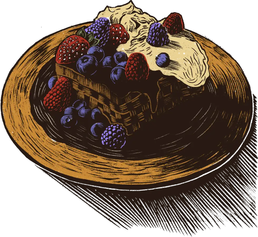 Grabado de un postre con frutos rojos, del menú de Casa Elo
