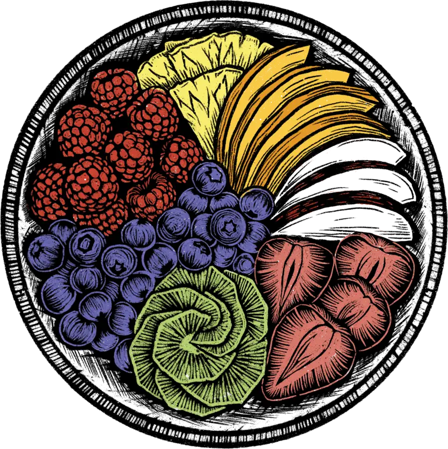 Grabado de un bowl de frutas, del menú de Casa Elo
