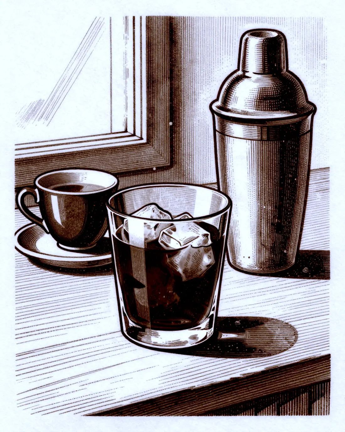 Grabado de un carajillo junto a una taza de espresso y una coctelera