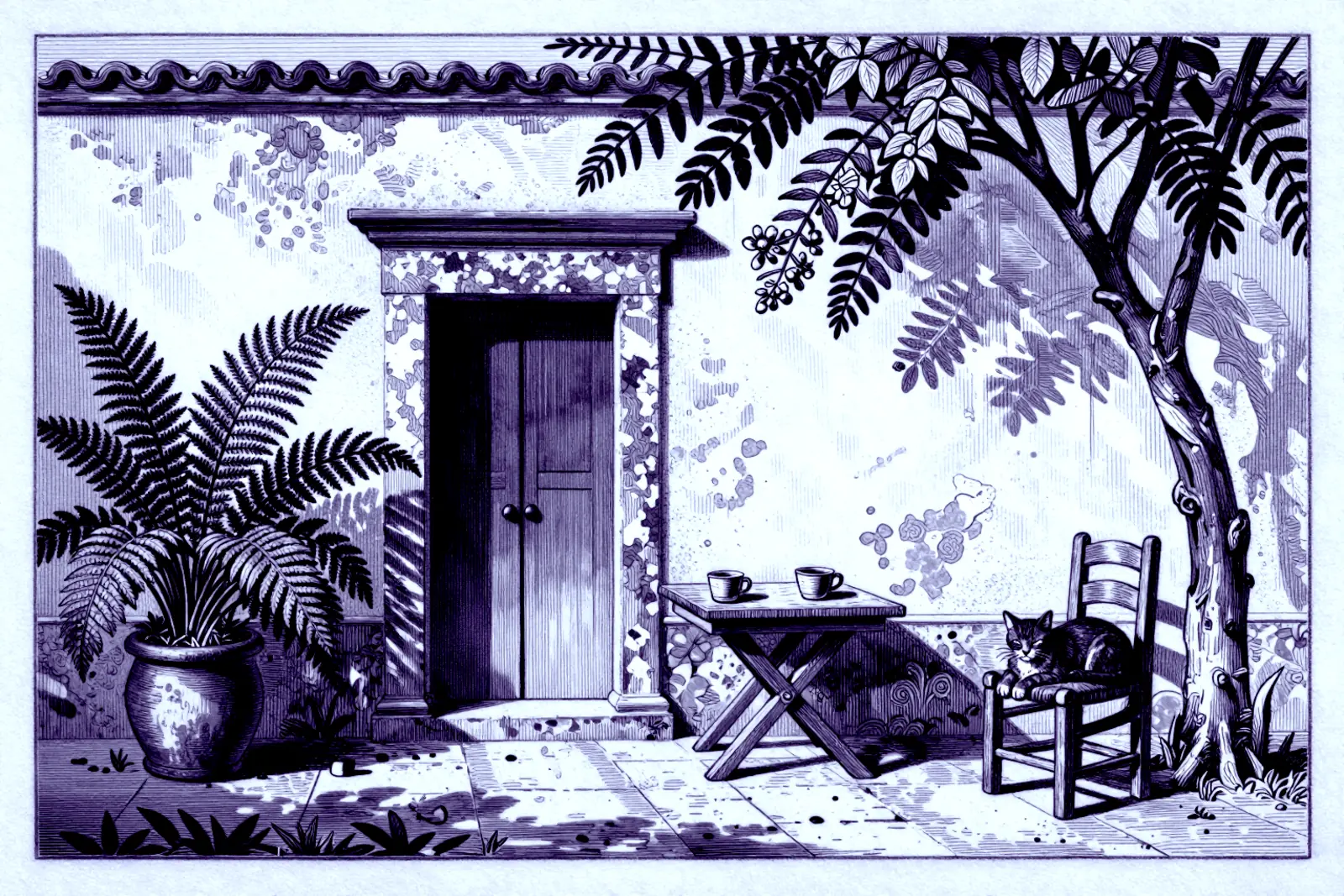 Grabado del patio de una casona: una mesa con dos tazas, macetas con helechos y un gato dormido en una silla de madera