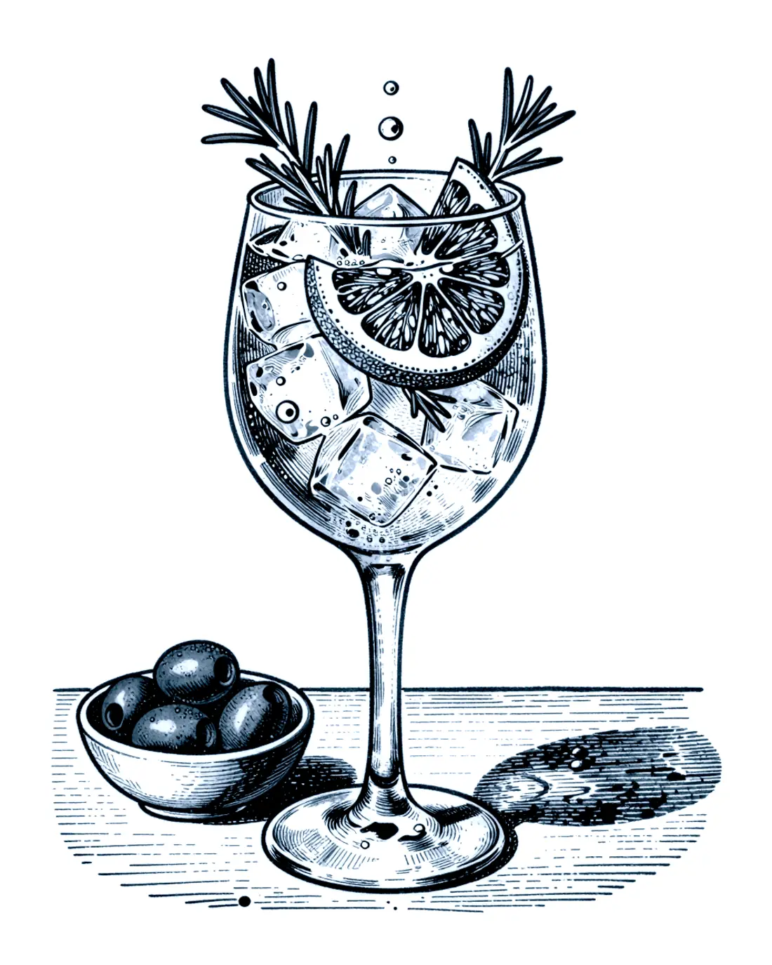 Grabado de un gin tonic con romero y toronja