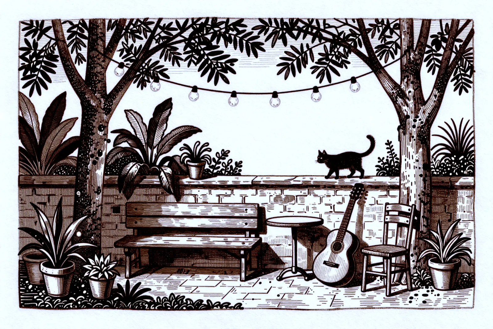 Grabado de un jardín con foquitos entre los árboles, una banca, macetas, una guitarra y un gato sobre la barda