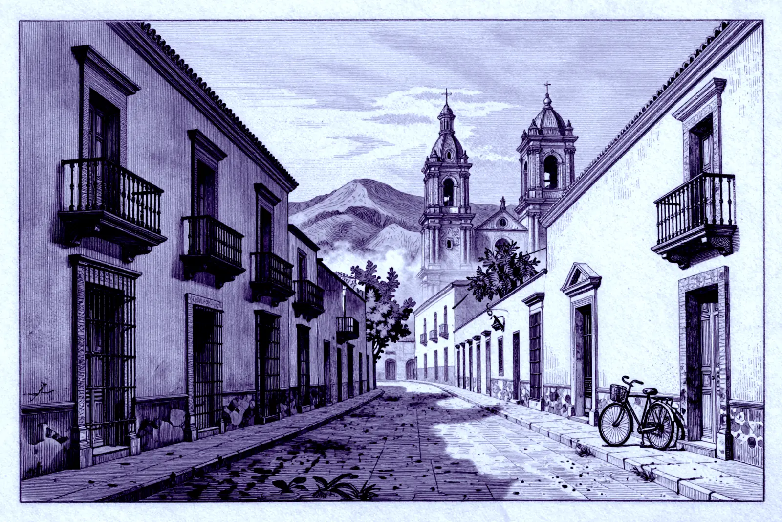 Grabado de una calle del centro de Xalapa, con balcones de hierro y la torre de la catedral al fondo